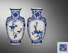 青花喜上眉梢双象耳扁