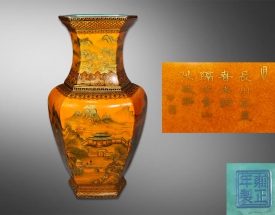 黄釉描金山水楼阁六方