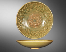 耀州窑绿釉印花斗笠碗