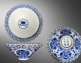 青花葵口花卉纹斗笠碗